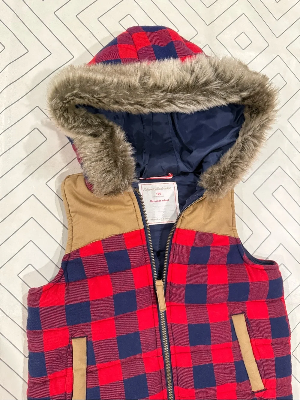 Hana Andersson Navy and Red Plaid Hooded Vest